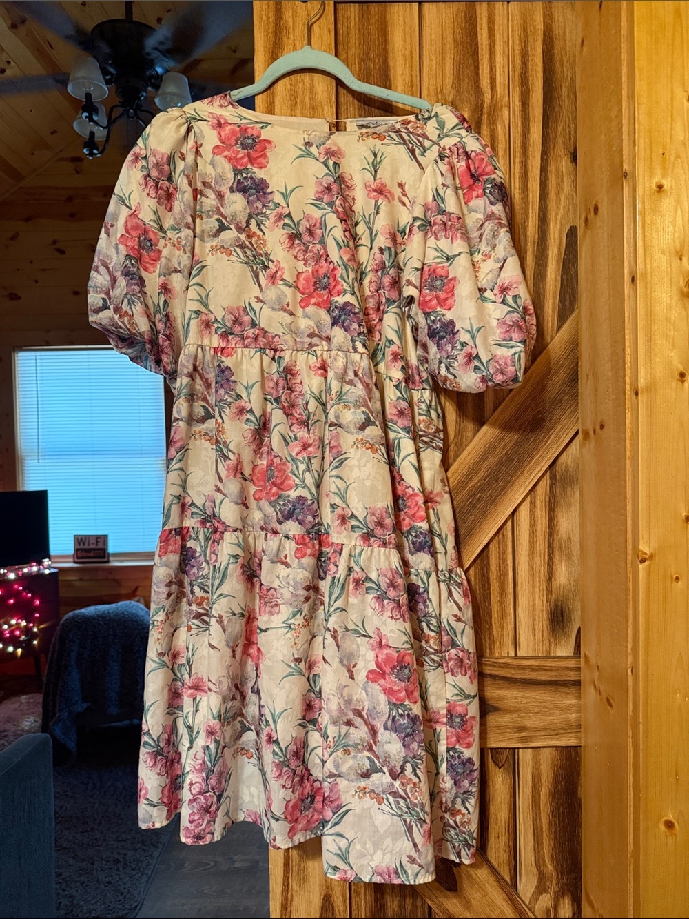 Floral Tiered Midi Dress in Cream with Pink & Purple Flowers